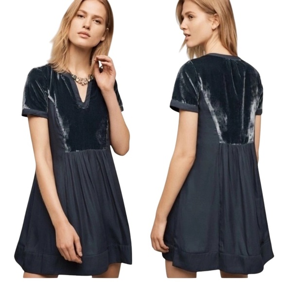 Anthropologie Dresses & Skirts - Anthropologie Maeve Ingrid velvet tunic short dress navy blue small petite